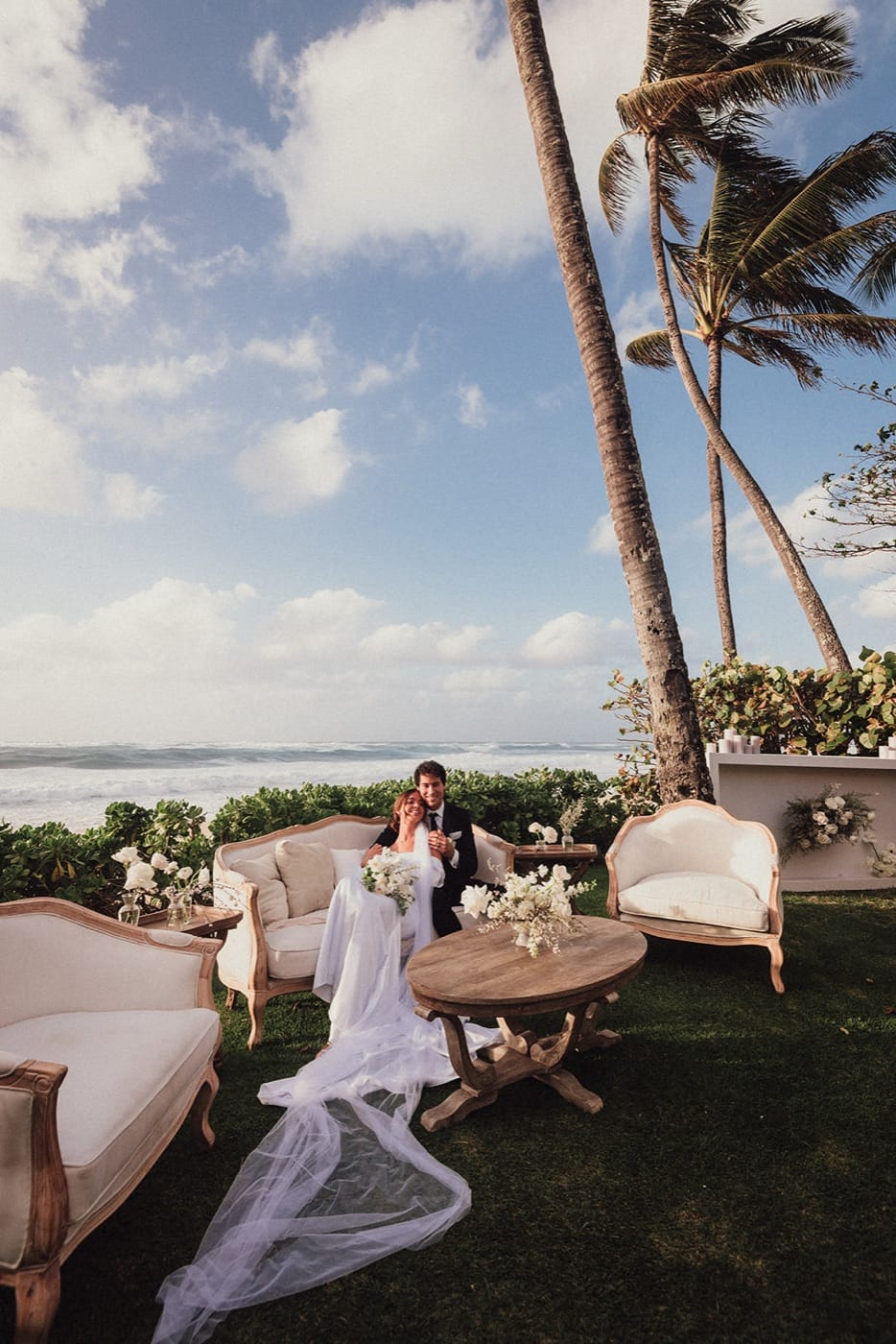 A couple at a private home on the North Shore of Oahu on their elopement day